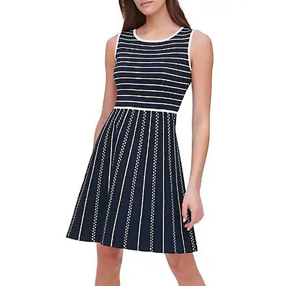 NEW Tommy Hilfiger Striped Cotton-Blend Fit-and-Flare Knitted Dress in Navy, S - Picture 2 of 14
